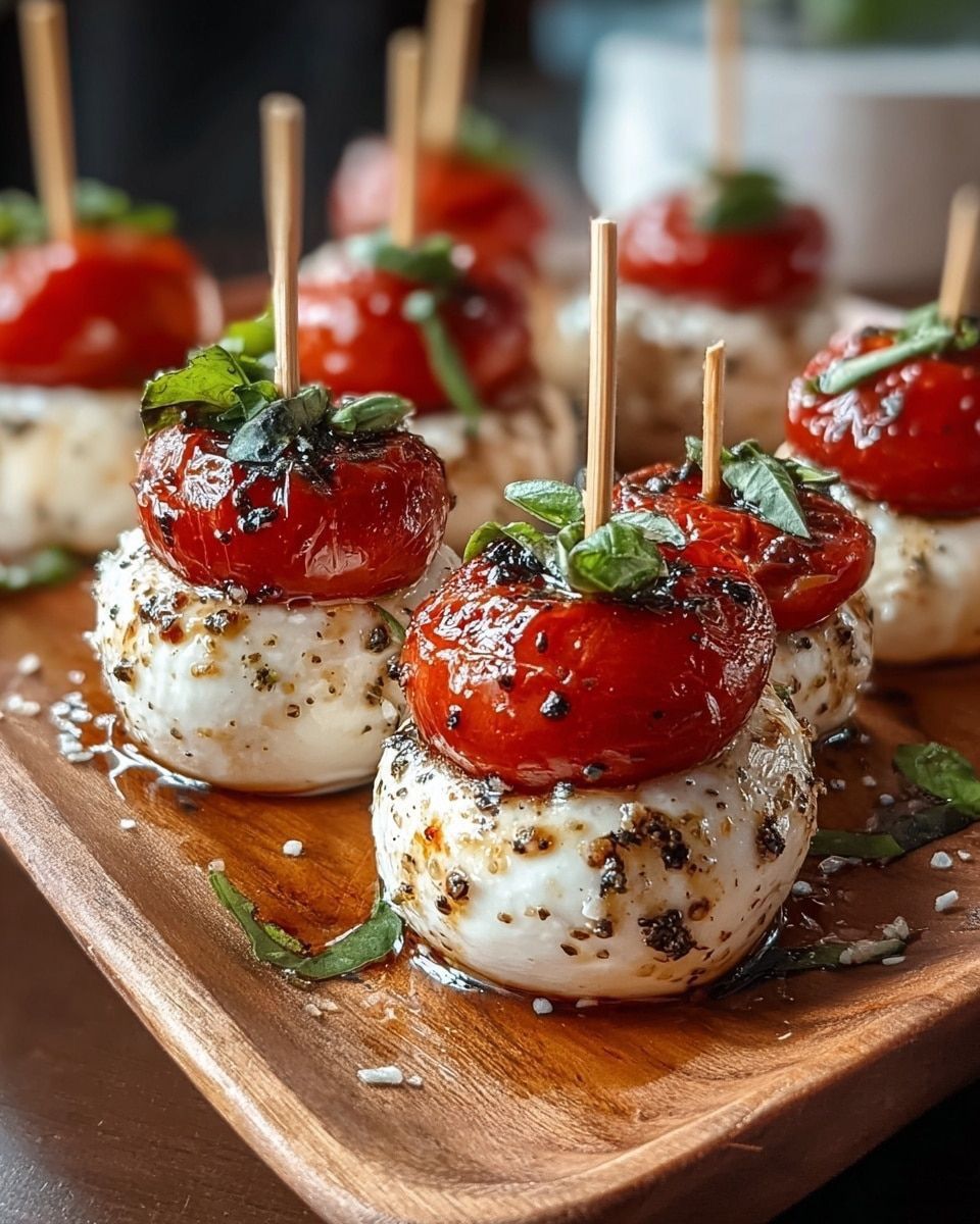 Caprese skewers — roasted tomato and mozzarella canapés on a wooden board